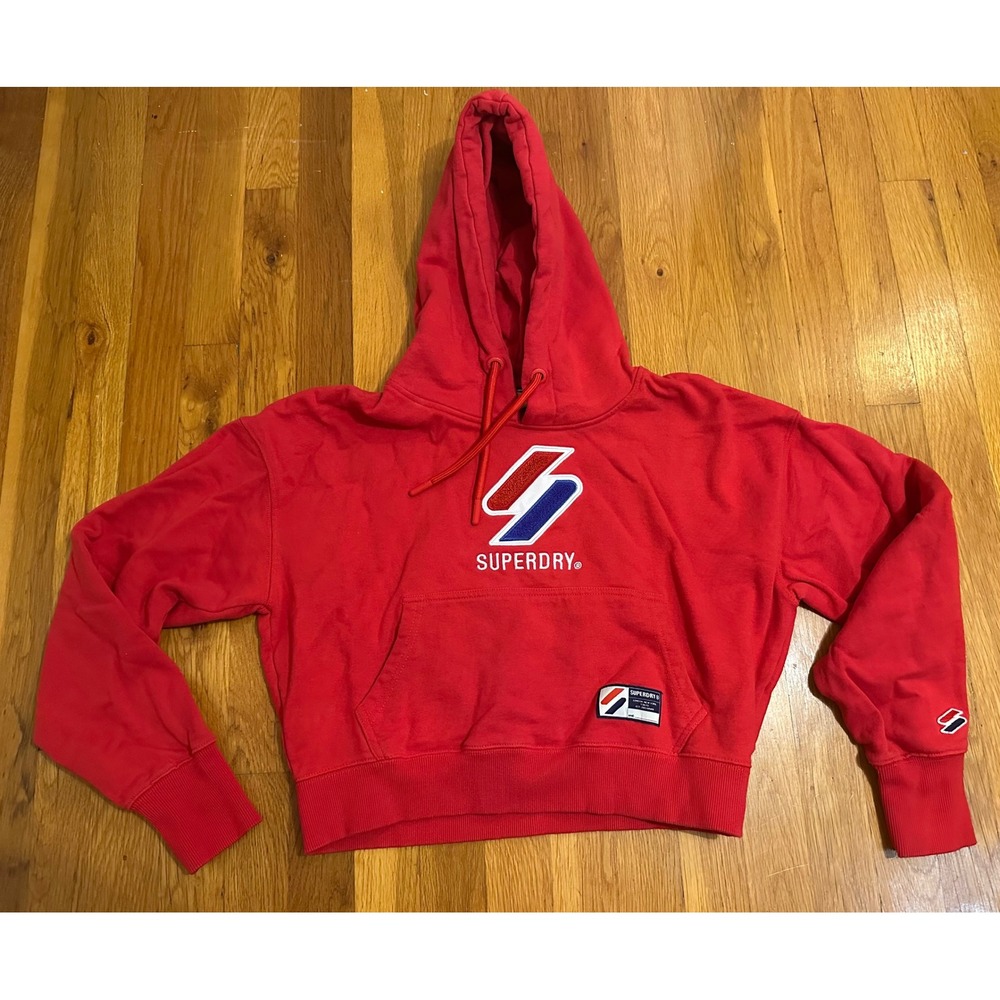 Superdry Red Cropped Hoodie Chenille Logo Fleece Sweatshirt W2010957A Womens 8